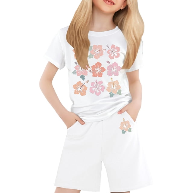 FhsagQ Ensembles pour Filles T-Shirt à Col Rond Imprimé à Manches Courtes pour Garçons et Filles Tenues de Printemps pour Filles Taille 14-16 Plus Blanc 12-13 Ans