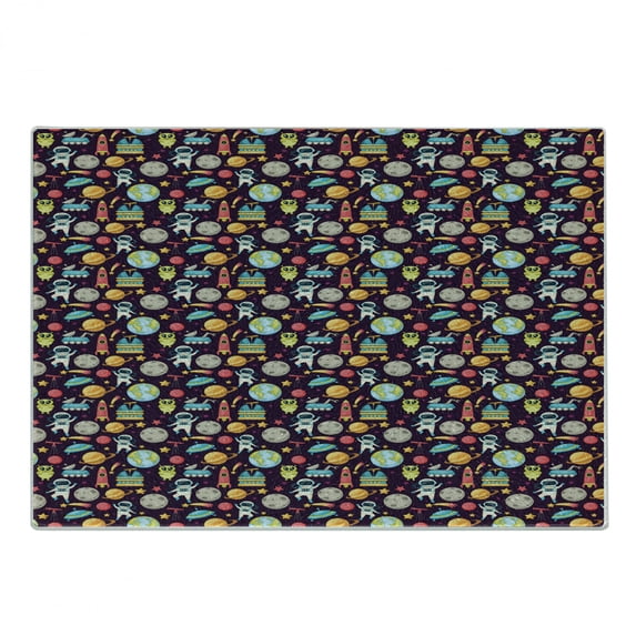 Outer Space Cutting Board, Galaxy Party Pattern Ufo Aliens Telescope Cosmos Milky Way Mercury Neptune, Decorative Tempered Glass Cutting and Serving Board, Small Size, Multicolor, by Ambesonne