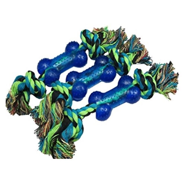 dog chewing knotted rope bone toy with plastic bone wrapped Walmart