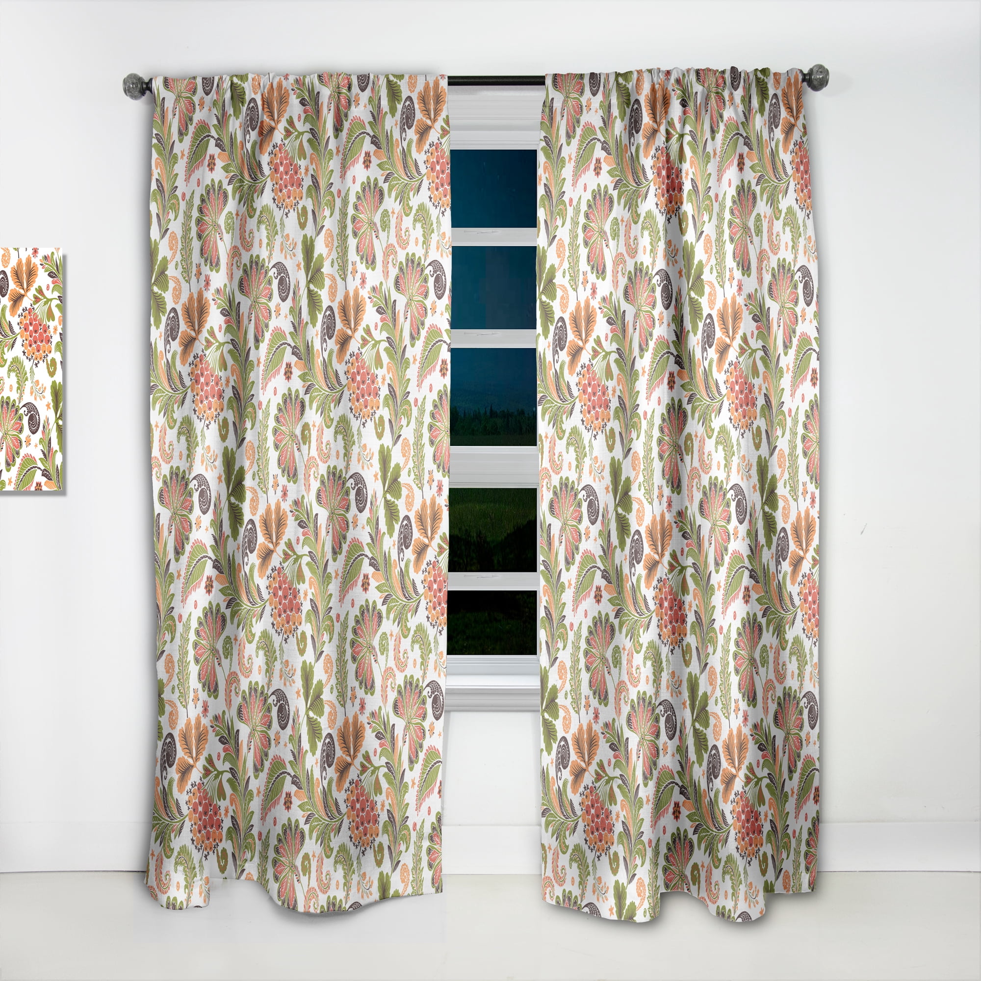 Designart 'Retro Fantasy Flowers On White I' Mid-Century Modern Curtain Panel