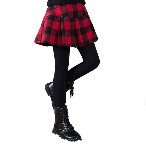 Zaldita Little Girls Elastic Waist Pantskirt Footless Tights Leggings with Plaid Pleated Tutu Skirt Culottes Red&Black 7-8