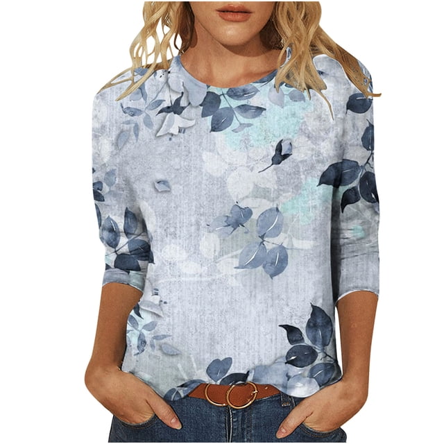 Pompotops T-shirt Ample Imprimé pour Femme Blouse à Manches 3/4 Col Rond Hauts Décontractés Liquidation