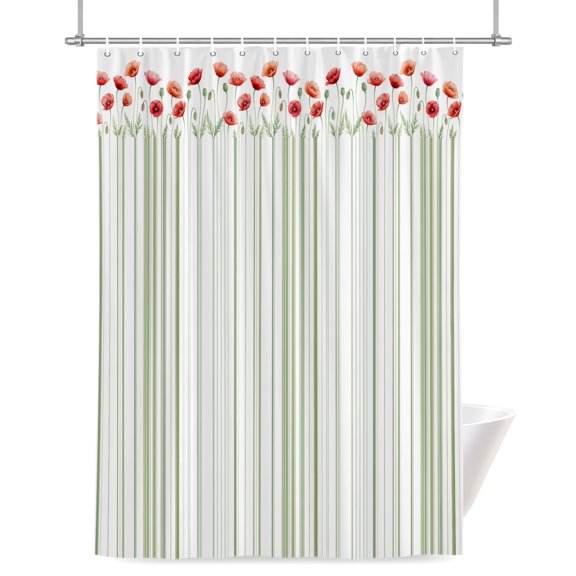 Red Floral Bathroom Shower Curtain, Watercolor Simple Spring Green Leaves Botanical Lines Waterproof Washable Soft Bath Curtain for Bathtub Decor with 12 Hooks&Grommet, 36x72in