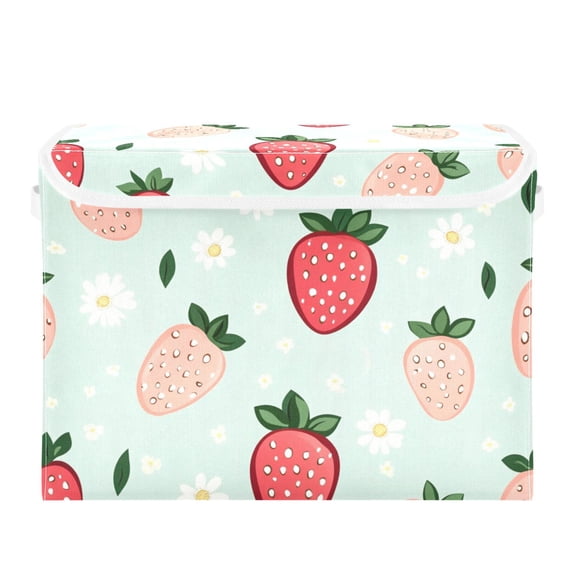 Red and Pink Strawberry Large Storage Bins with Linen Collapsible Lid Storage Box 16.7 x 12.6 x 11.8in