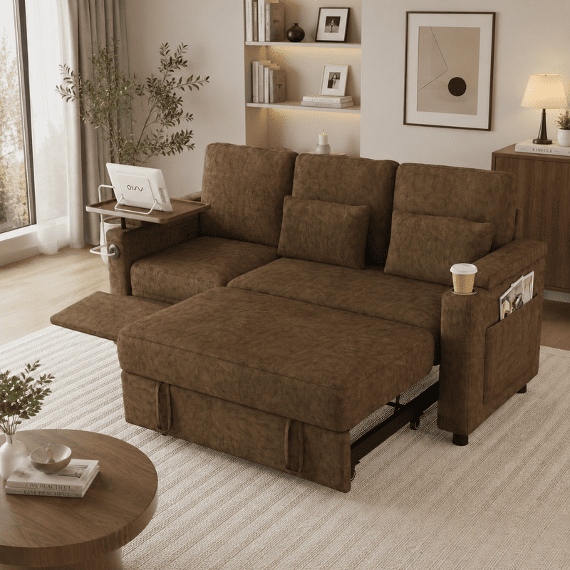3-in-1 Convertible Sofa Bed, 3-Seater Chenille Couch with Adjustable Backrest, USB Charging Ports, Table Board and Storage Armrests, 81'' Foldable Sleeper Sofa for Living Room