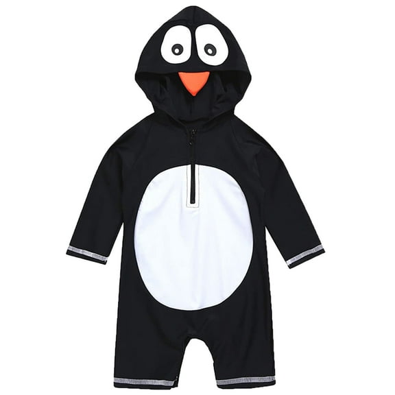 WOYY Toddler Boys Long Sleeve Cartoon Penguin Hooded One-Piece Swimsuit Swimwear Onesie