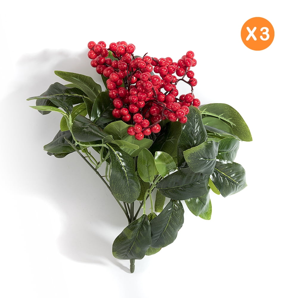 K-Cliffs 3 pieces Faux Red Berries with Green Leaves Unpotted Arrangement, Wedding Shrubs Bouquets, Vases, Wreaths for in/out doors