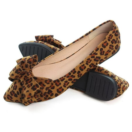 

SAILING LU Suede Ballet Flats for Women Sweet Bow Shoes Soft Pointy Toe Slip-ons Leopard Brown 055 US 8.5
