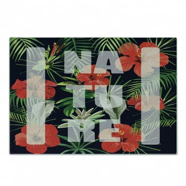 Jungle Cutting Board, Nature Typography on Exotic Fragrance Hibiscus, Decorative Tempered Glass Cutting and Serving Board, in 3 Sizes, by Ambesonne