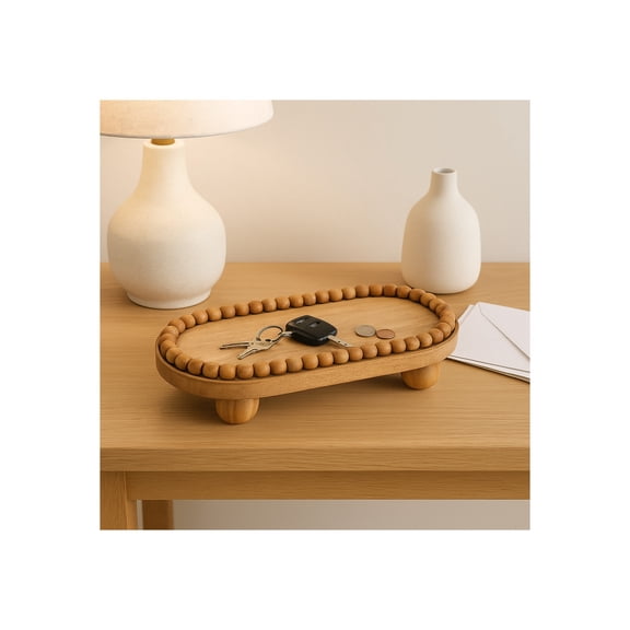 Tray for House and Coffee Table Decor - Elevated Wood Tray with Round Ball Feet for Centerpiece Table Decorations - Rustic Home Accent Perfect as Trinket, Jewelry, or Bathroom Vanity Tray - 4" Brown