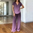 thumbnail image 5 of Cagogo Women Plus Size 2 Piece Outfits Summer Vacation Set Loose V Neck Short Sleeve Tshirt Wide Leg Pants Casual Cruise Travel Lounge Tracksuits Boho Gradient Matching Sets, Purple 2XL, 5 of 6