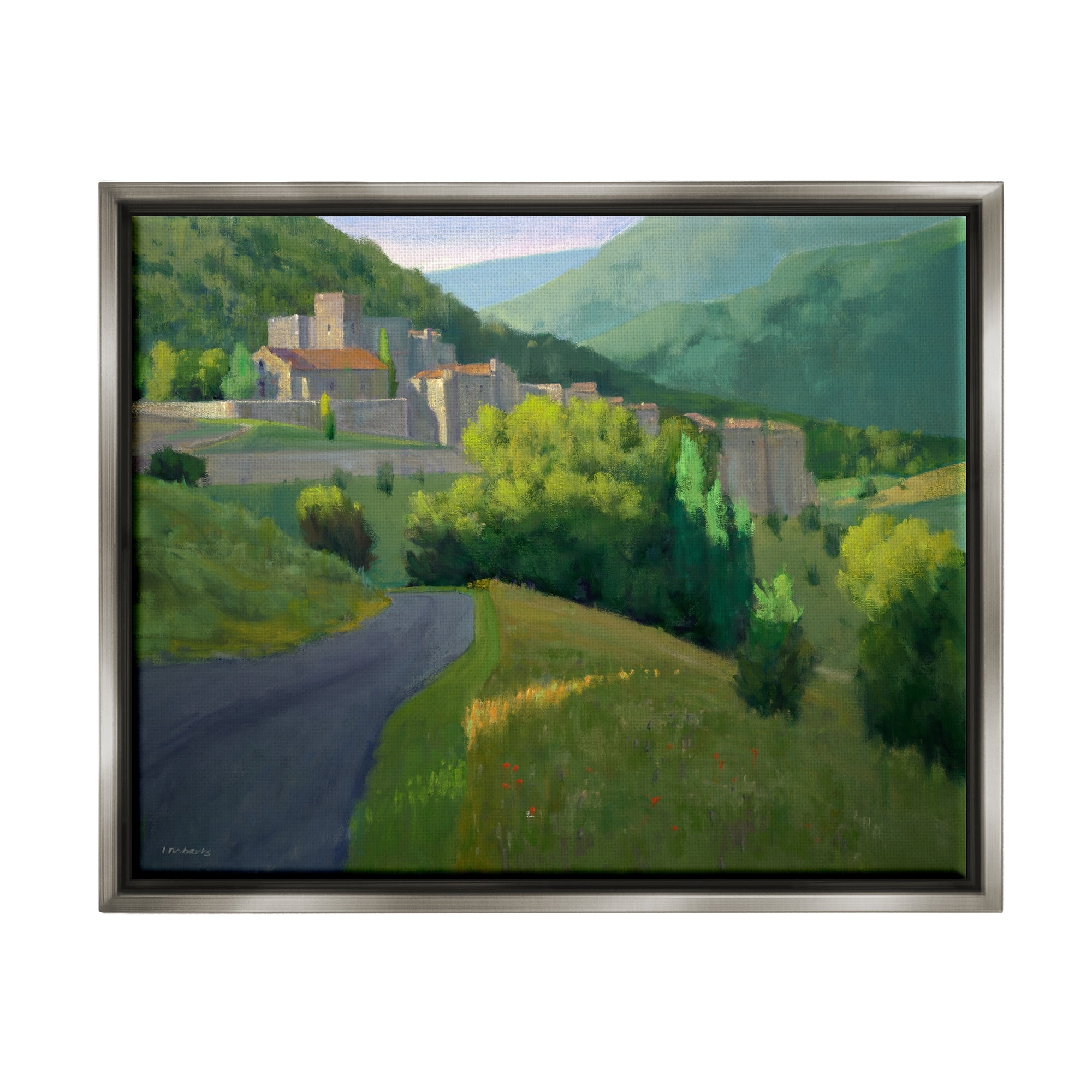 Stupell Industries Winding Road Path Distant Rural Farm Town Graphic Art Luster Gray Floating Framed Canvas Print Wall Art, Design by Ian Roberts
