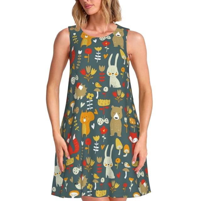 Xecao Mignon Animal Forêt pour Robes d'Été pour Femmes Robes Décontractées de Plage Robes de Plage Sans Manches T-Shirt Robe Évasée avec Poches