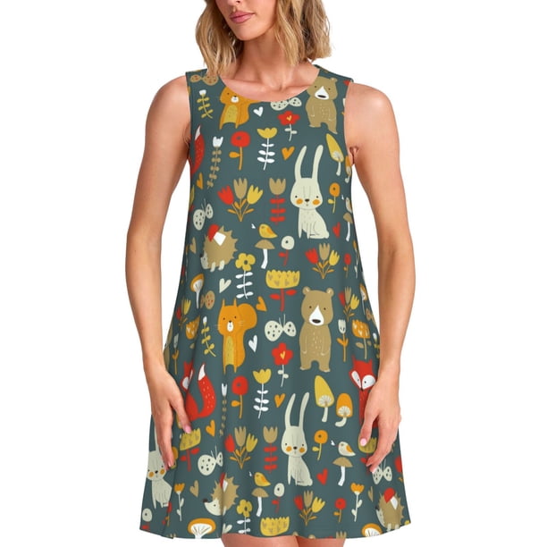 Easygdp Cute Animal Forest para Vestido Transpirable de Mujer, Vestido Suelto de Manga Corta con Pliegues y Bolsillos para el Verano