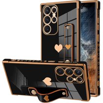 Designed for Samsung Galaxy S22 Ultra Case with Strap Luxury Love Heart Plating Gold Bumper Phone Cover Wristband Kickstand Full Body Protective Slim Case for Women - Black