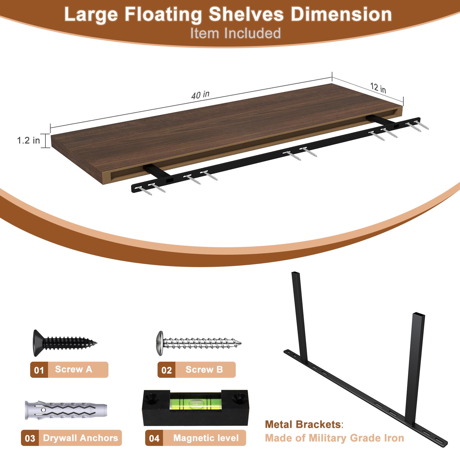 LANDMOK 12 Inch Deep Floating Shelf, 40 x12 Inch Large Wall Mounted Shelf for Kitchen, Bathroom, Living Room, Walnut (1 Pack)