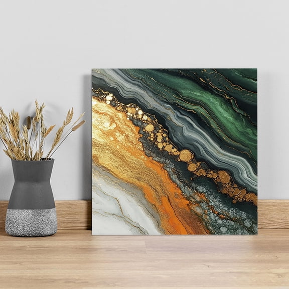 Teal Orange Marble Wall Art Painting on Canvas, Modern Ink Painting Abstract Canvas Art Home Prints Wall Art Framed Modern Artwork for Living Room Bedroom Wall Decor 12x12in