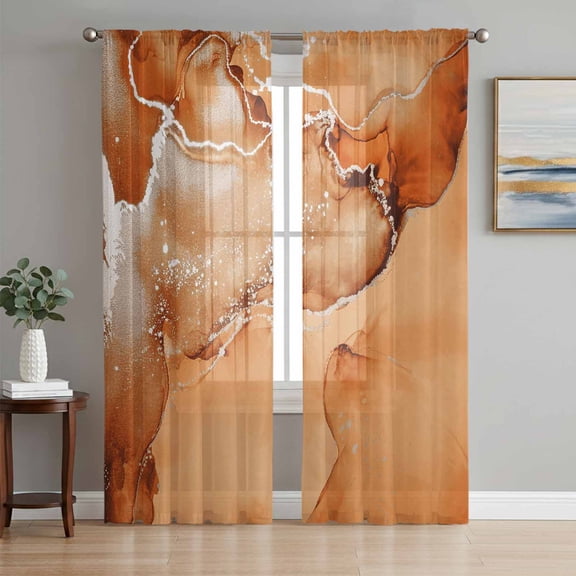 Sheer Curtains 96 Inches Long 2 Panels Set for Living Room, Marble Burnt Orange Semi Sheer Curtains for Windows, Modern Abstract Ink Painting Luxury Voile Window Treatments Rod Pocket Curtain