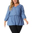 thumbnail image 1 of Women's Plus Size Peplum Top Pullover Puff Sleeve High Waist Chambray Blouse Blue 4X, 1 of 7