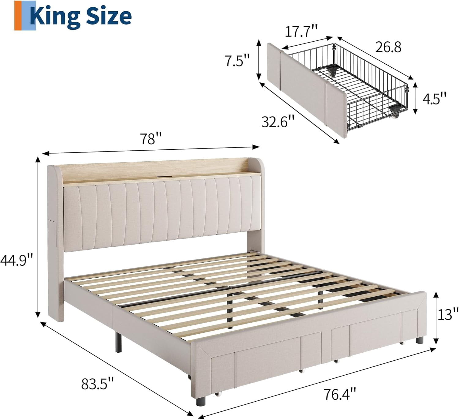 King Size Bed Frame with Storage Headboard, Upholstered Platform Beds with Drawers, Charging Station, Noise-Free, No Box Spring Needed, Easy Assembly, Beige