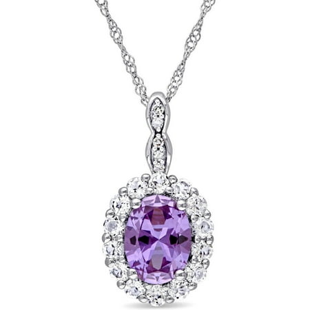 Tangelo 2-1/4 Carat T.G.W. Oval-Cut Created Alexandrite, Round-Cut White Topaz and Diamond-Accent 14kt White Gold Halo Pendant, 17