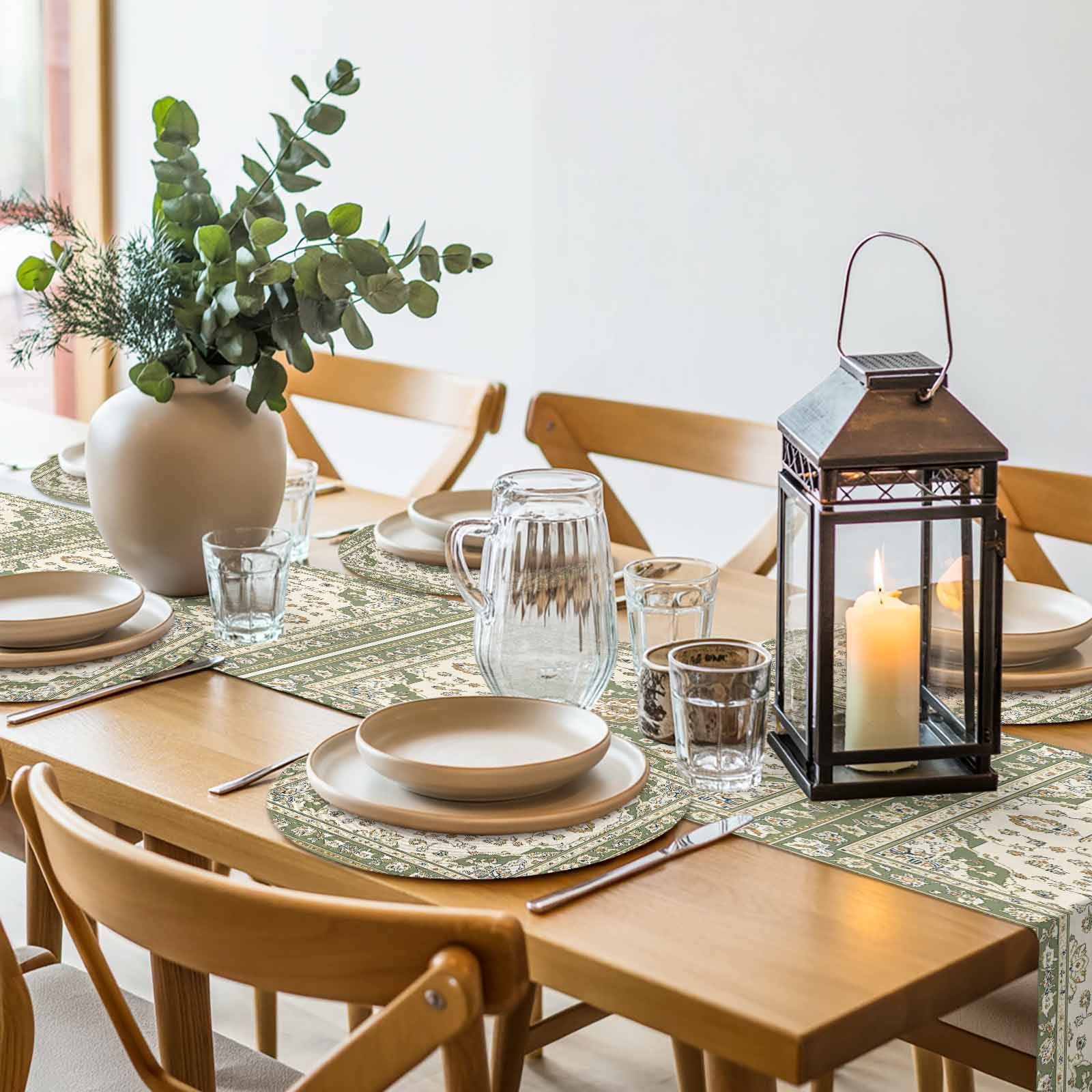 Boho Vintage Round Table Placemats set of 6, Ethnic Tribal Floral Pattern Washable Woven Place Mats for Dining Tables Kitchen Party Decor,Heat Proof, 15in, Green Beige