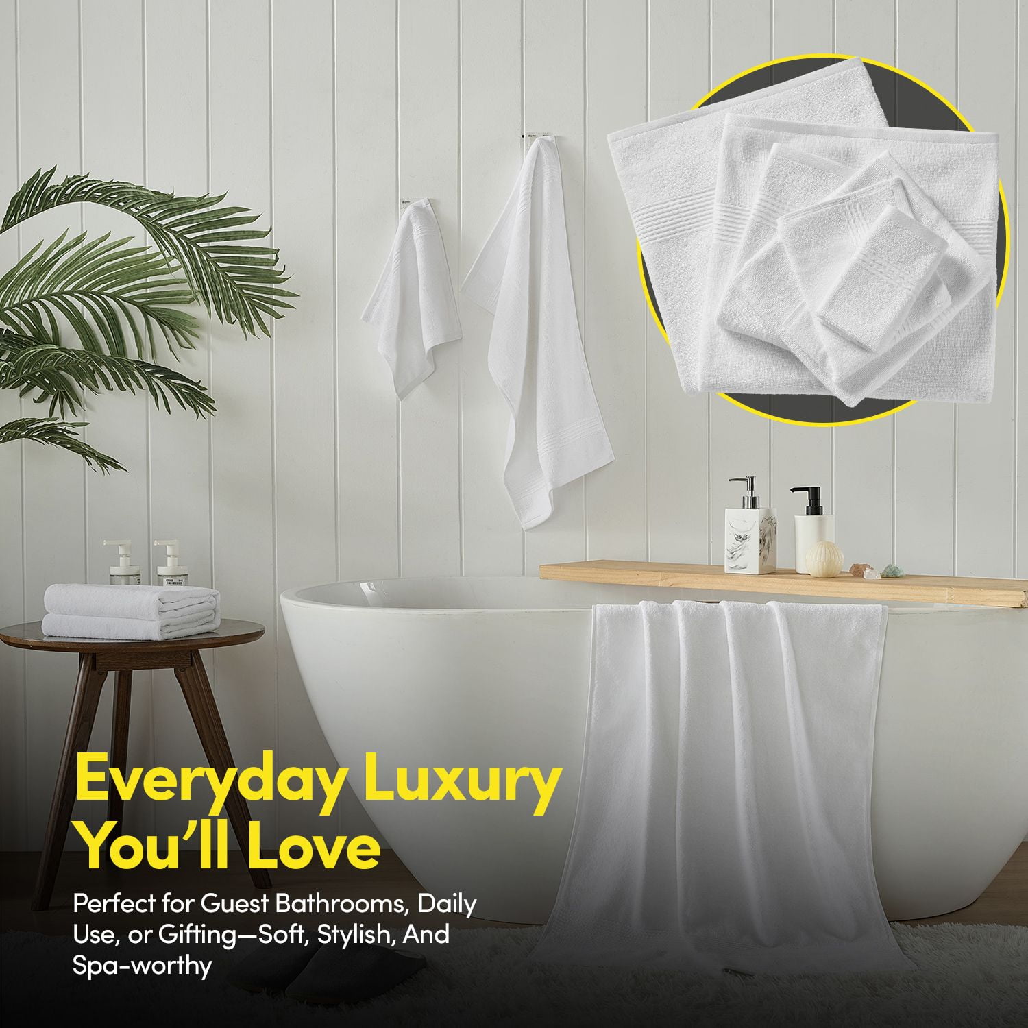 8pc 100% Combed Cotton Towel Set (2 Bath, 2 Hand, 4 Wash) - White