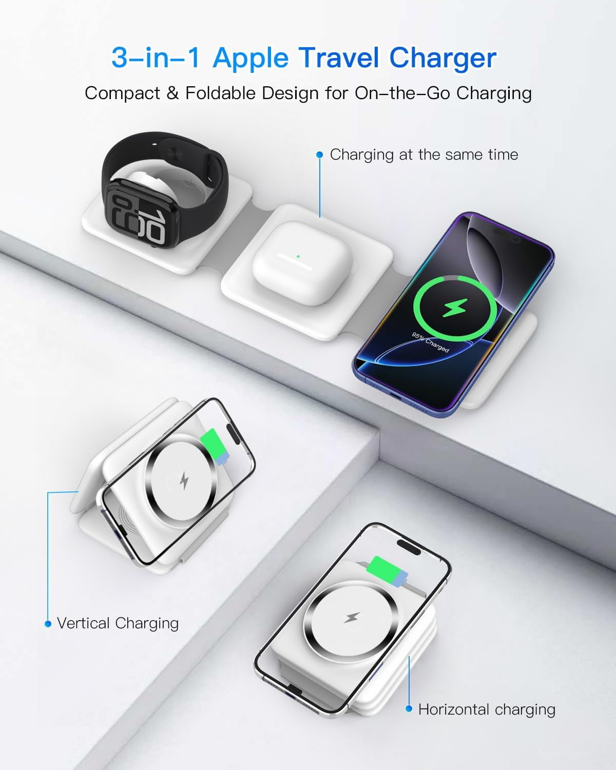 ETEPEHI Magnetic Wireless Charger Compatible for iPhone: Fodable 3 in 1 Charging Station Compatible for 17 16 15 14 13 12 Pro Max Plus & Airpod, Travel Essentials