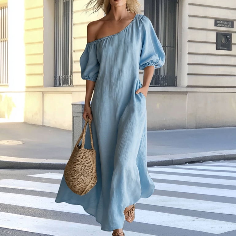 one shoulder linen maxi dress Eawtki Women's One Shoulder Puff Sleeve Maxi Dress With Pockets Loose Fit  Casual Summer Linen Blend Dress