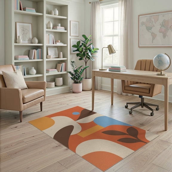 ODIKA 4'x6' Orange Blue Mid-Century Design Washable Area Rug Retro Abstract Shapes with Bold Geometric Flair Non-Slip, Chair-Friendly, Flatwoven for Home Office, Under Desk