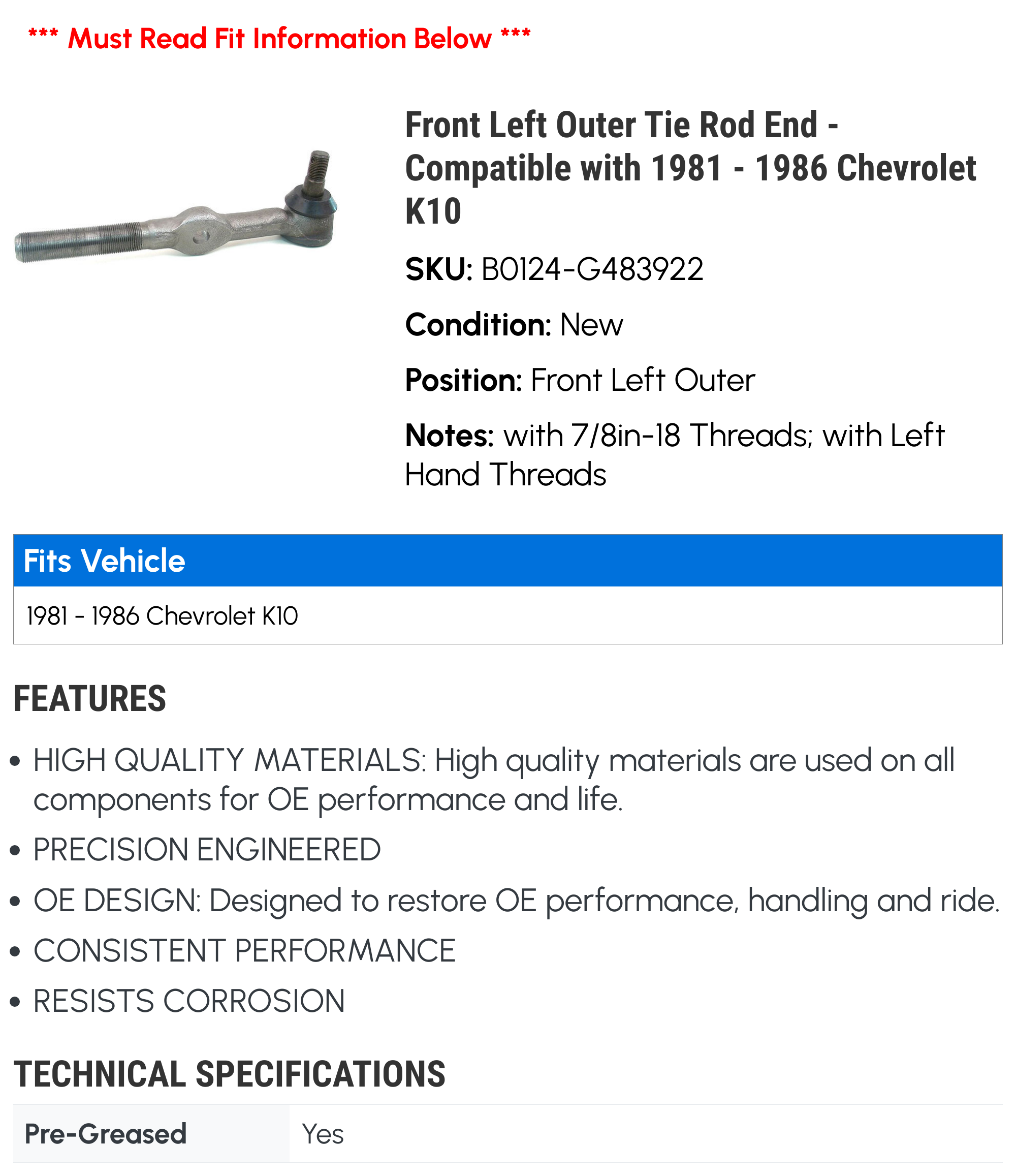 Evan-Fischer Full Set Inner & Outer Tie Rod Ends For 1981-1986 Chevy K10 4WD – Front Left & Right