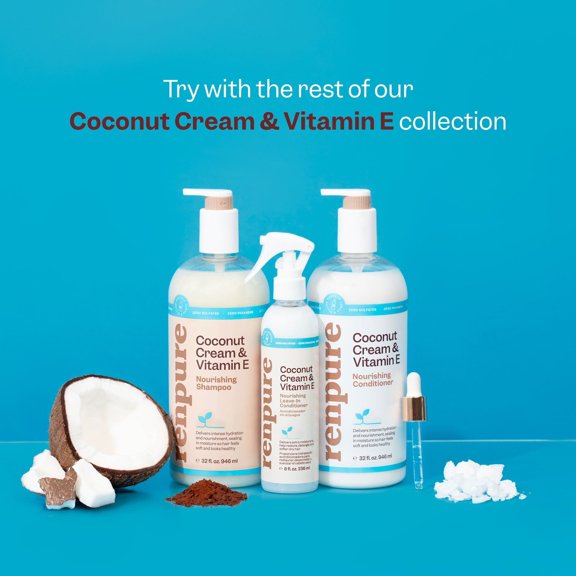 Renpure Coconut Cream and Vitamin E Nourishing Leave-In Conditioner, for All Hair Types, 8 oz