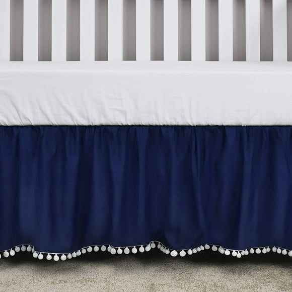 Ruffled Crib Skirt with Pompoms, Microfiber Nursery Crib Toddler Bedding Skirts for Baby Boys Girls, 14'' Drop, White