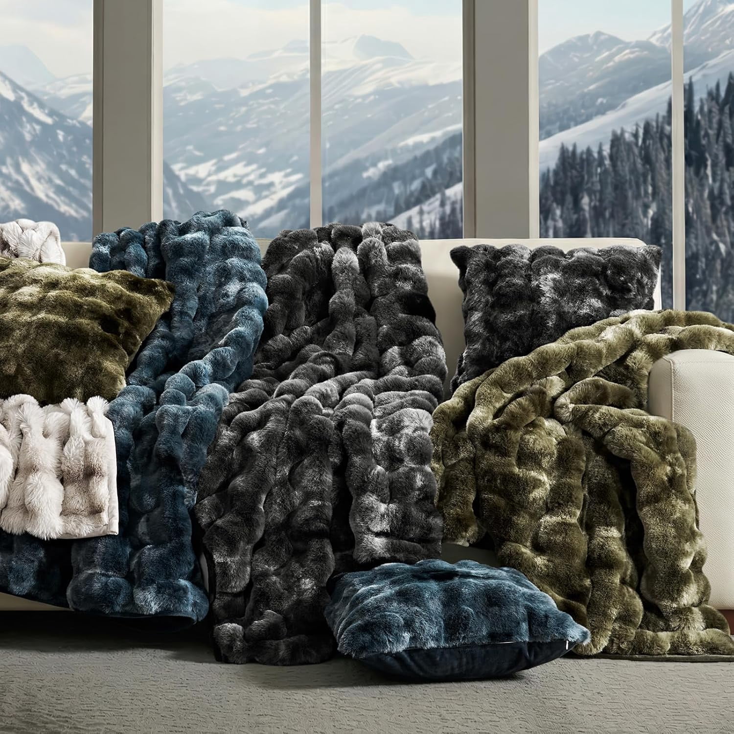 EverGrace Ultra Soft Luxury Fluffy Faux Rabbit Fur Throw Blanket, Thick Warm Bubble Throw for Bed, Cozy Plush Reversible Blankets for Couch, Chair, Sofa, Marble Black, 50x60 Inches