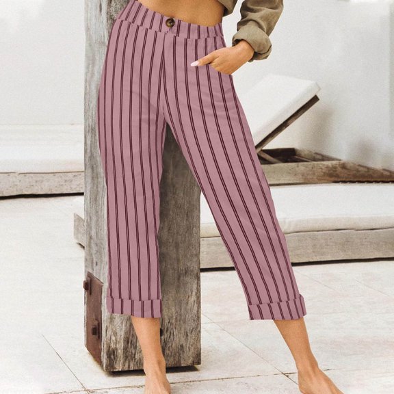 TaTaai Womens Fashion Casual Stripe Elastic Waist High Waist Loose Straight Wide Leg Cropped Pants With Pocket