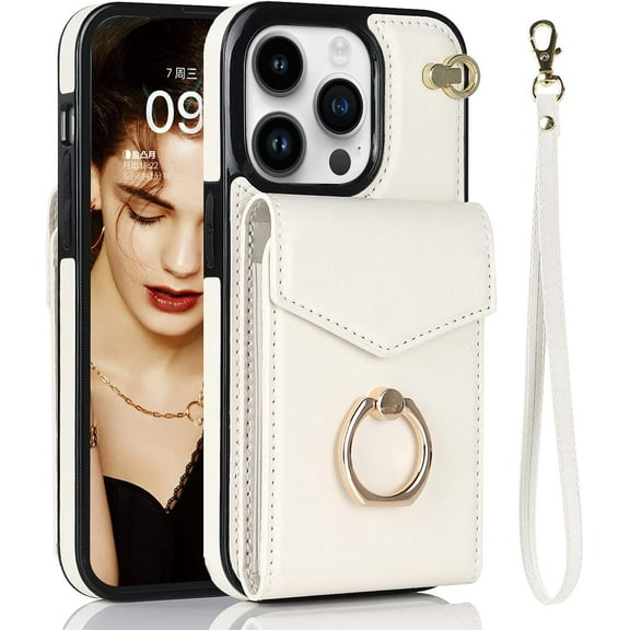 MYKOMI Wallet Phone Case Compatible with Apple iPhone 13 Pro Leather Case with Card Holder & 360° Ring Kickstand & Wrist Strap Purse Cover Magnetic Closure Flip Handbag Shell for Women