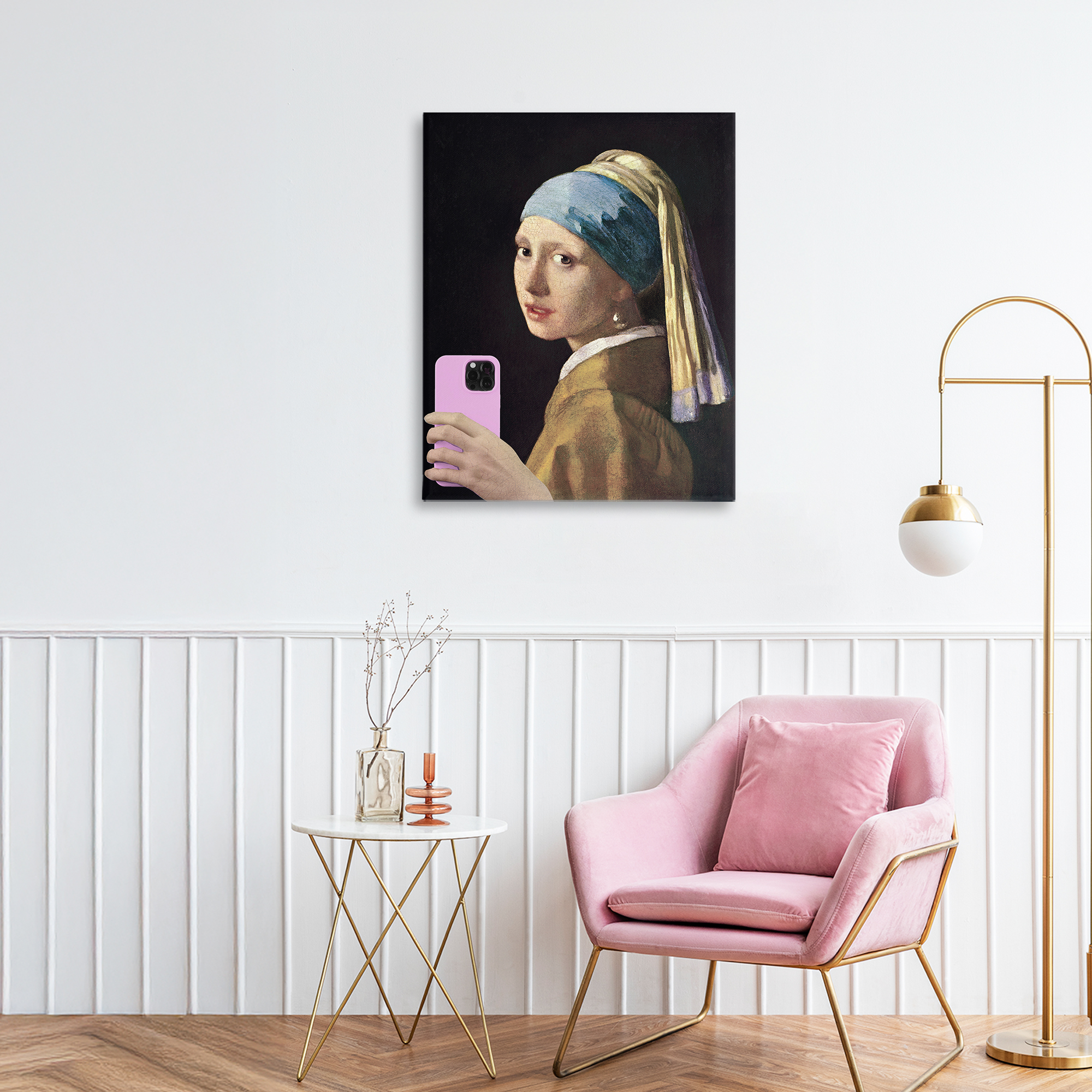 Girl With Pink Phone Funny Canvas Wall Art, design by Masters Redux