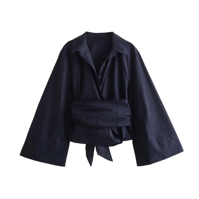 WEAIXIMIUNG T-Shirts pour Femmes Décontractés Col en V Chemise à Col Rabattu Boutonnée Double Popeline à Lacets Manches Longues
