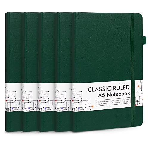Pack de 5 Cuadernos FeelA con Tapa Dura y Bolígrafos Negros A5 120 GSM Verde Oscuro