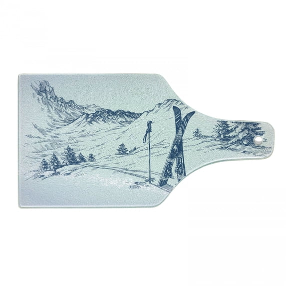 Winter Cutting Board, Sketchy Graphic of a Downhill Ski Elements in Snow Relax Calm View, Decorative Tempered Glass Cutting and Serving Board, Wine Bottle Shape, Blue White, by Ambesonne