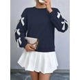 thumbnail image 2 of Women'S Y2K Ribbon Long Sleeve Top - Crew Neck Red Christmas & New Year Bowknot Oversized Pullover Shirt Navy Blue XL, 2 of 8