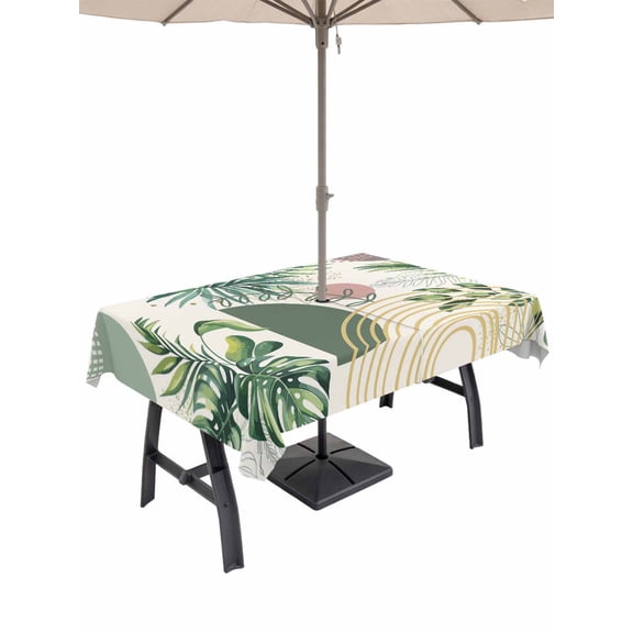 Outdoor Tablecloths with Umbrella Hole & Zipper, Boho Tropical Rectangle Tablecloth 60x120 Inch, Summer Palm Leaves Botanical Beige Waterproof Table Cloth, Patio/Pool/Picnic Table Covers