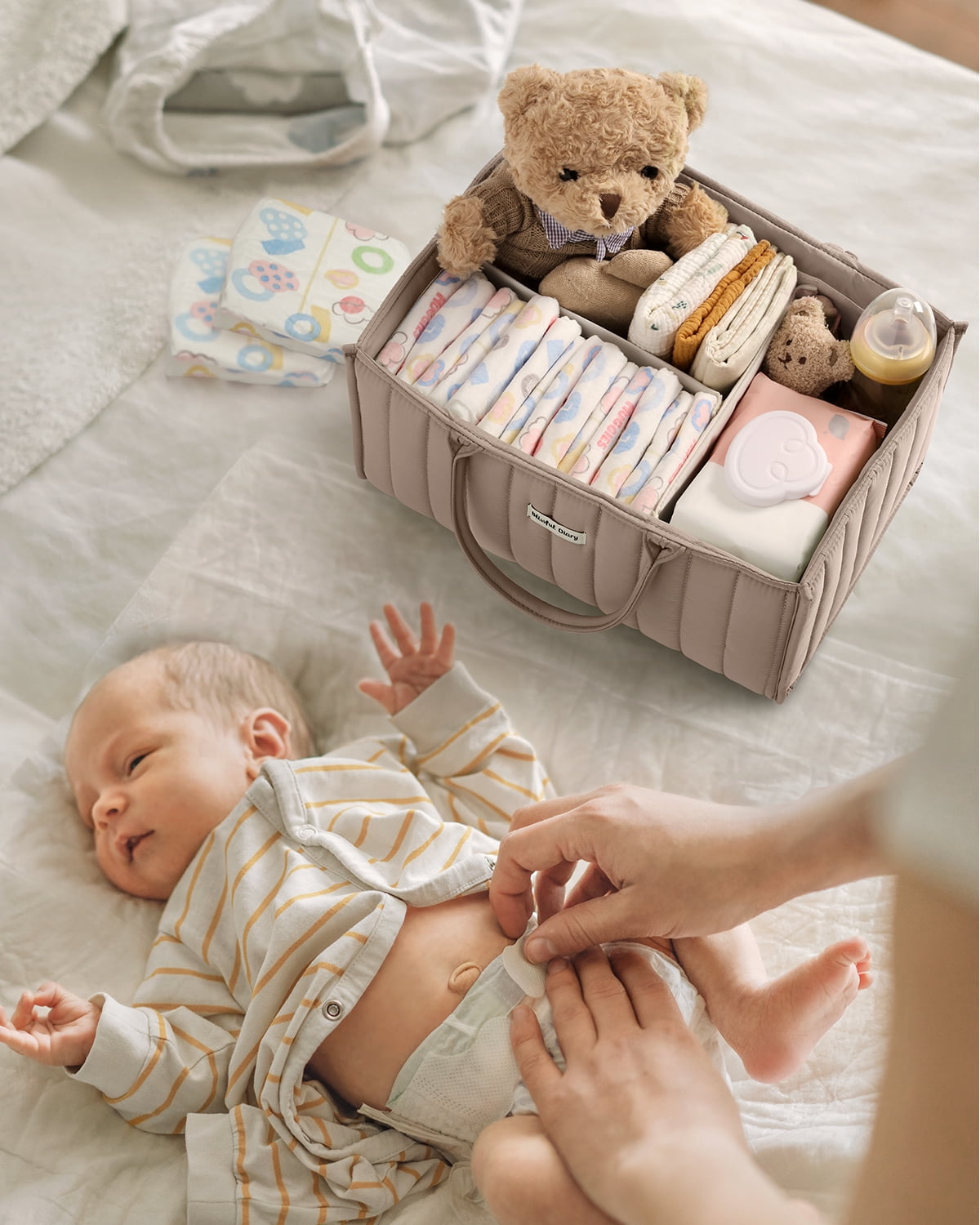 Blissful Diary Diaper Caddy Organizer,Baby Baskets for Baby Shower, Portable Nursery Changing Table Organizer, Diaper Bag, Infant Newborn Essentials Gift, Baby Registry Must Have, Greige