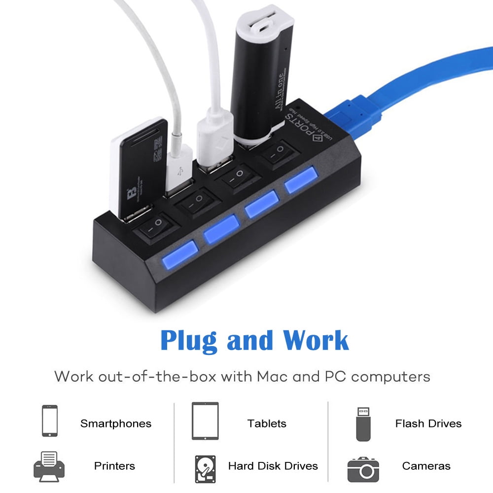 IClover 4Port USB 3.0 Hub High Speed Portable Compact Adapter with