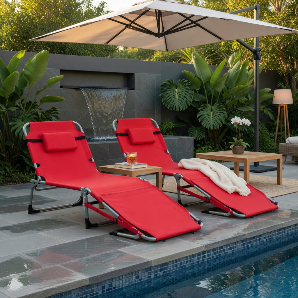 Hommoo Portable Folding Tanning Chair with Face Hole & Adjustable Backrest, UV-Resistant Oxford Fabric, Red