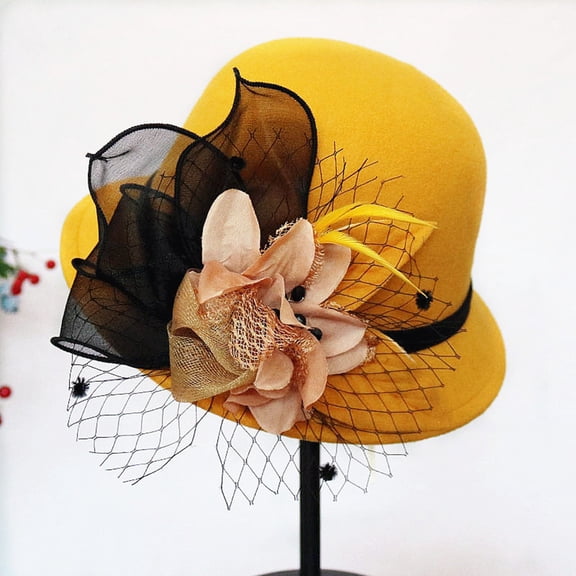 YOZGXEG Spring Hats For Women Women'S Autumn Winter Stylish Fisherman Bucket Hat European American Woolen Net Fabric Flower Polyester Yellow One Size