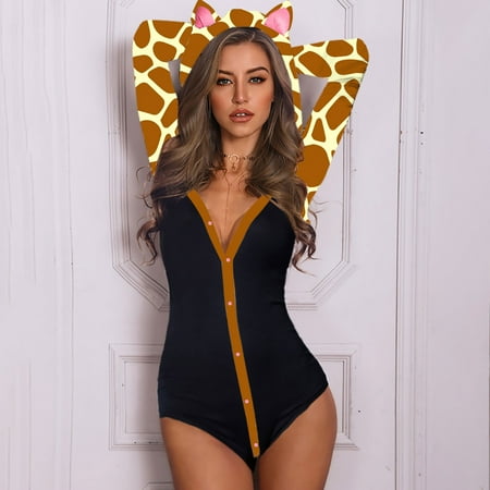 

Women Button Animal Print Ear Hooded Jumpsuit Tops Bodysuit Romper