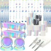 Sliner 256 Pcs CORNET Iridescent Decorations Supplies Holographic Decorations, Includes Paper Plates Cups Napkins Silver Cutlery Straws Plastic Tablecloth Foil Fringe Curtain Hanging Dot Streamer