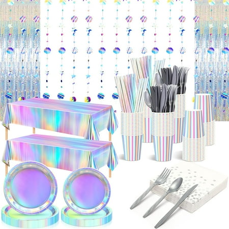 Sliner 256 Pcs CORNET Iridescent Decorations Supplies Holographic Decorations, Includes Paper Plates Cups Napkins Silver Cutlery Straws Plastic Tablecloth Foil Fringe Curtain Hanging Dot Streamer