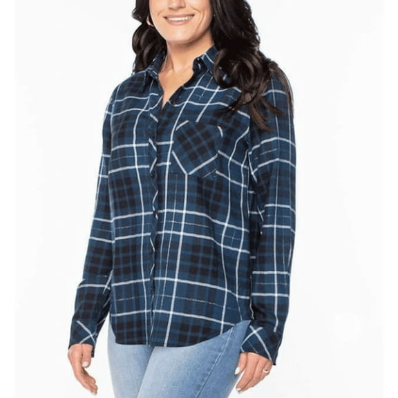 Well Worn Ladies' Flannel Button-Up Shirt (Teal Plaid, XS)